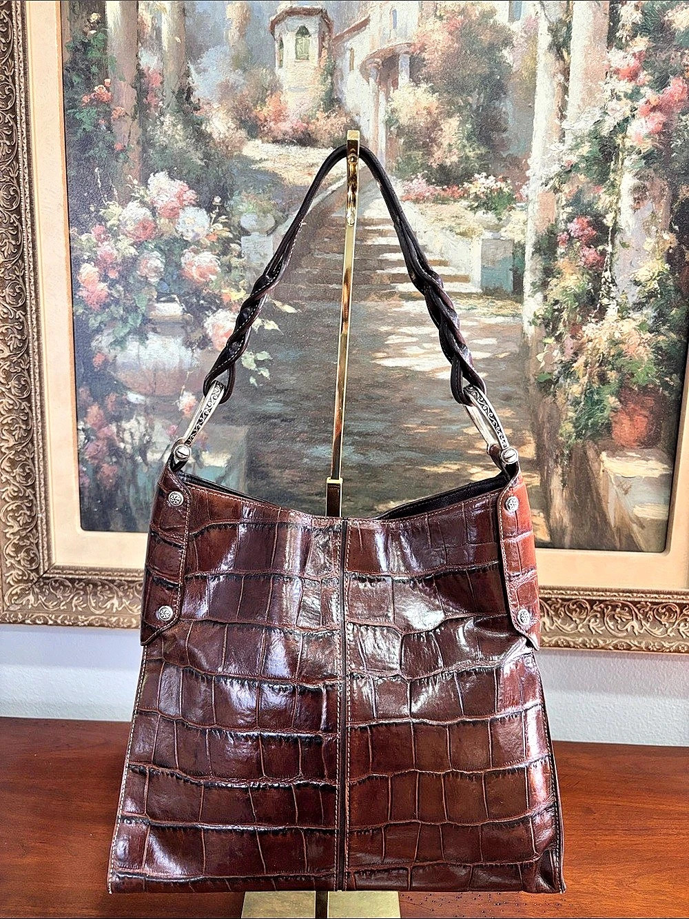 Brighton Crocodile-Embossed Shoulder Bag in Brown